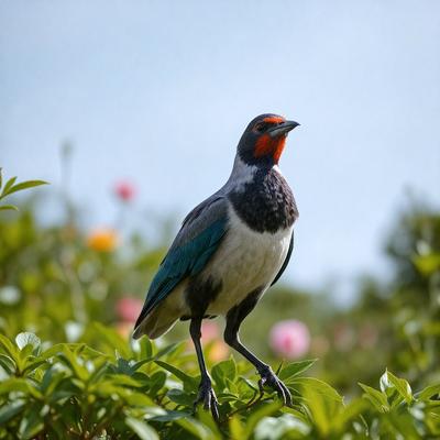 The primary subject of the image is a bird perched on a branch. The bird is blue and black in color, and it appears to be a small bird. The setting is a garden with flowers, creating a pleasant and natural atmosphere. The visual style of the image is a photo, capturing the bird in its natural environment. The colors and mood of the image are vibrant and lively, with the bird standing out against the backdrop of the flowers.
